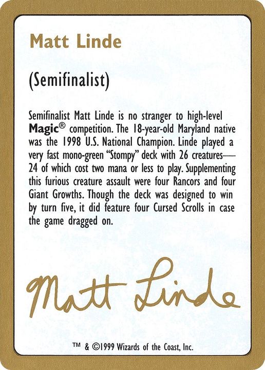 Matt Linde Bio in the group Magic the Gathering / Sets / World Championship Decks 1999 at Proxyprinters.com (13486)